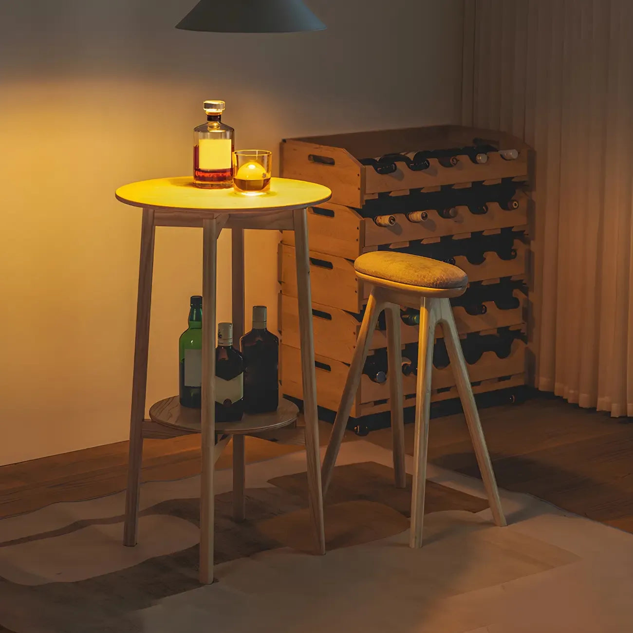 Scandinavian Round Natural Ash Wood Shelf Bar Tables