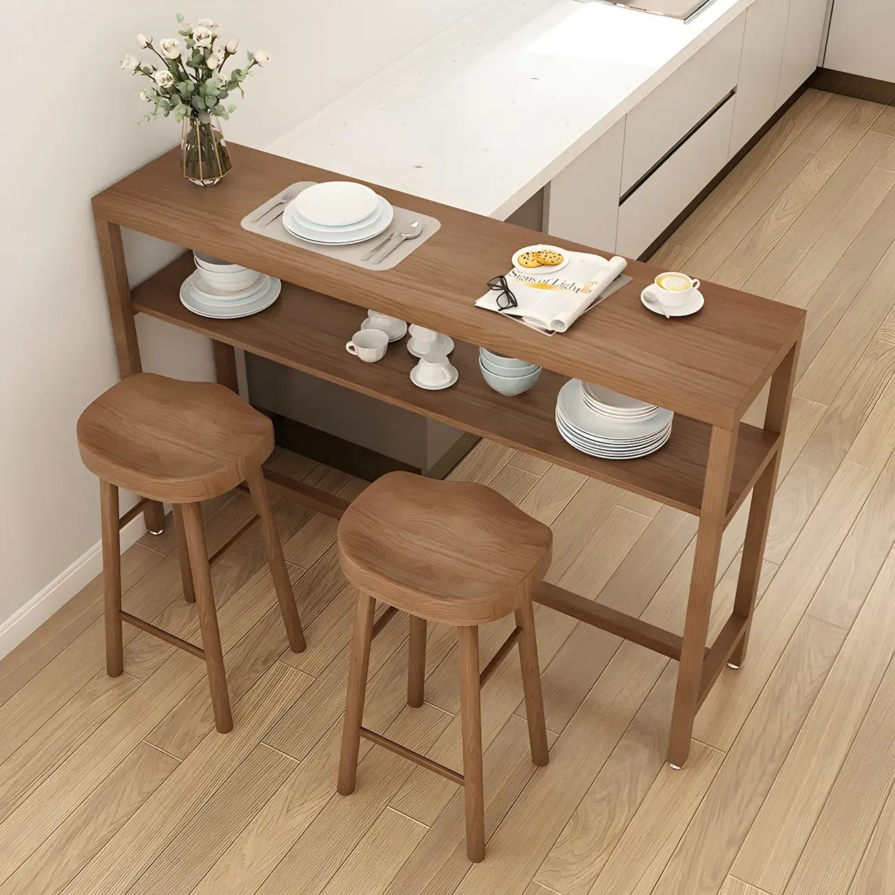 Modern Brown Pine Wooden Shelf Storage Trestle Bar Tables