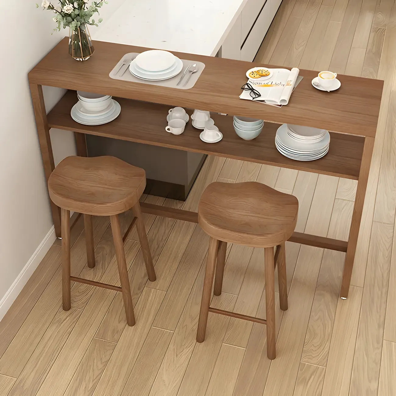 Modern Brown Pine Wooden Shelf Storage Trestle Bar Tables