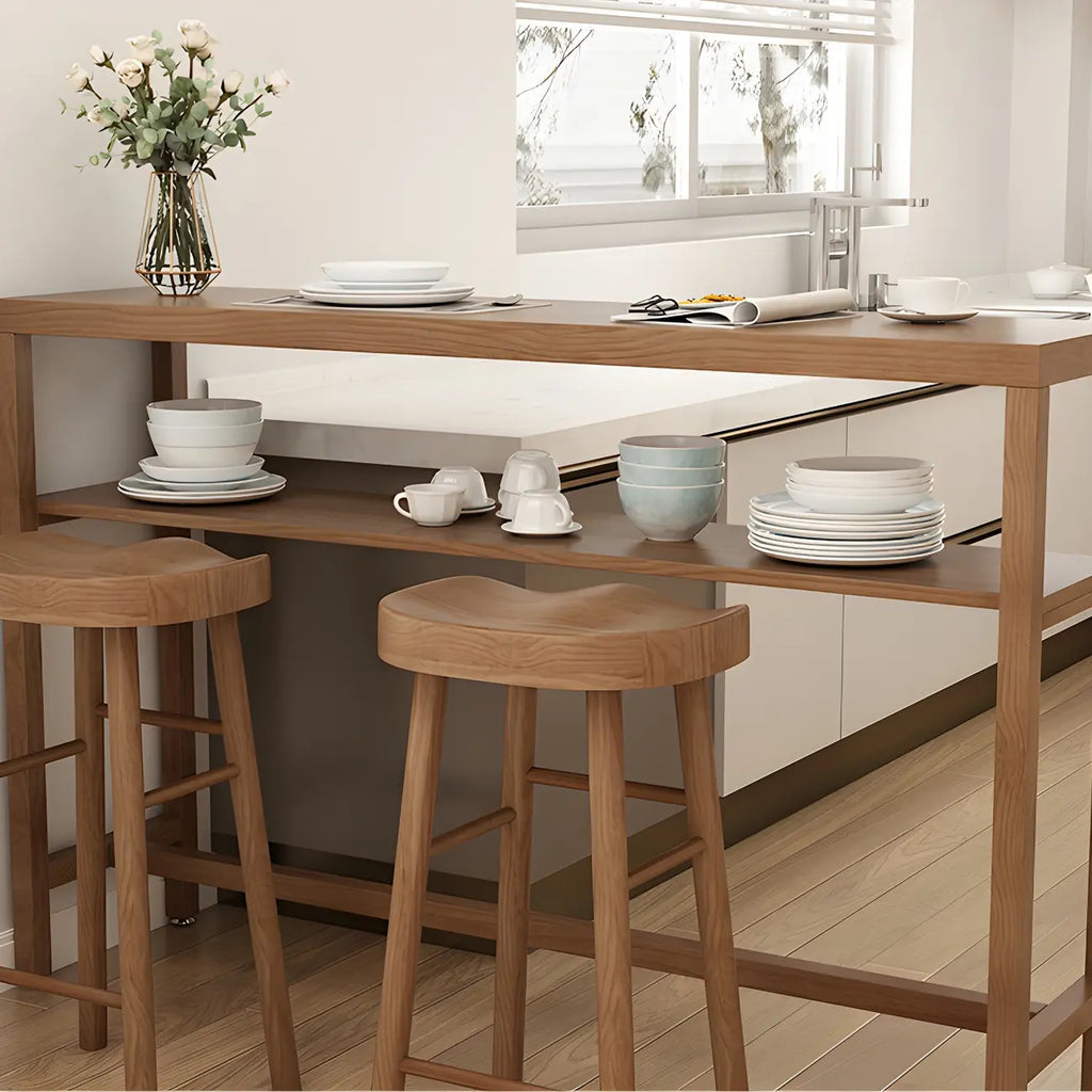 Modern Brown Pine Wooden Shelf Storage Trestle Bar Tables