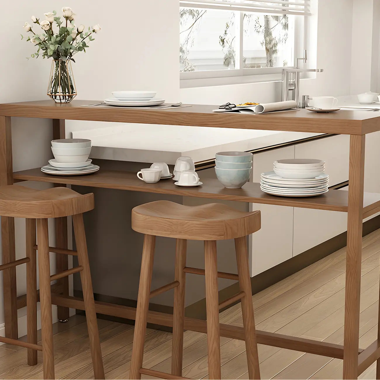 Modern Brown Pine Wooden Shelf Storage Trestle Bar Tables