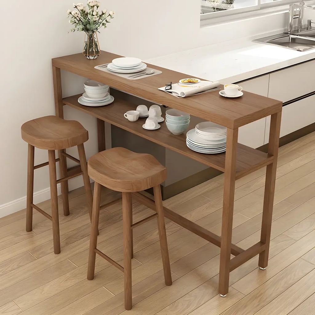 Modern Brown Pine Wooden Shelf Storage Trestle Bar Tables