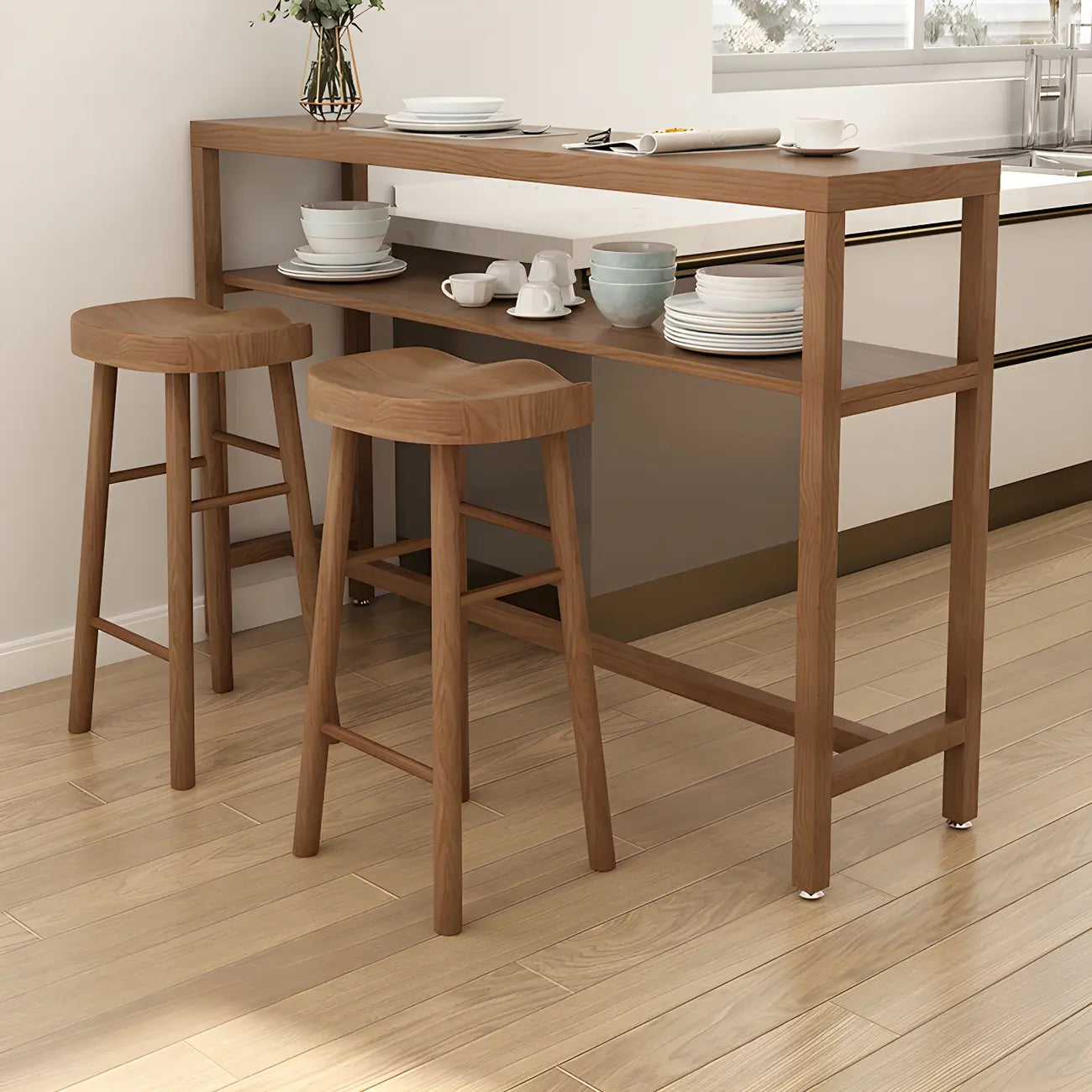Modern Brown Pine Wooden Shelf Storage Trestle Bar Tables
