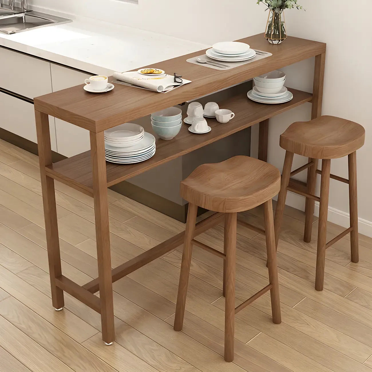 Modern Brown Pine Wooden Shelf Storage Trestle Bar Tables
