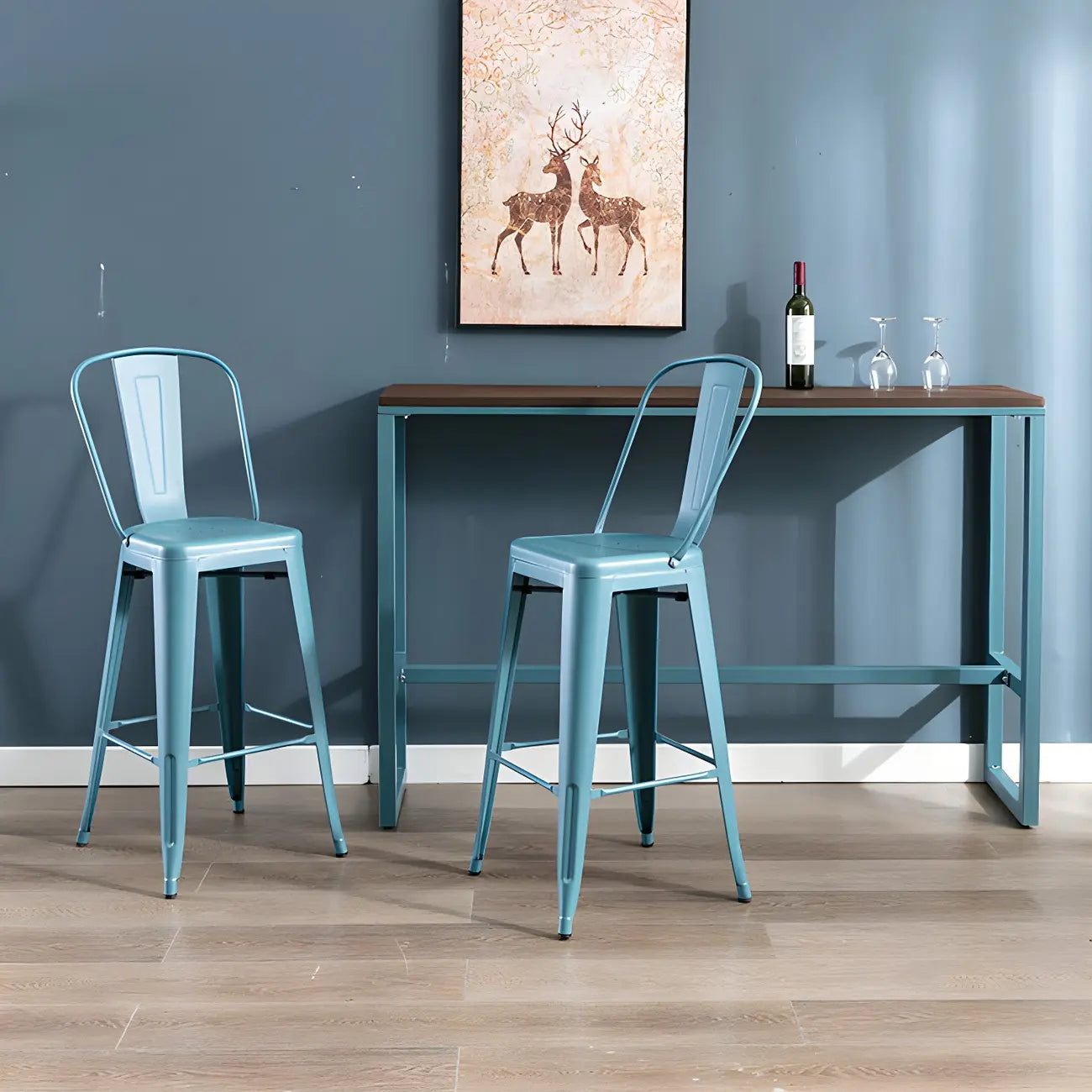 Scandinavian Brown Wood Blue Metal Footrest Bar Tables