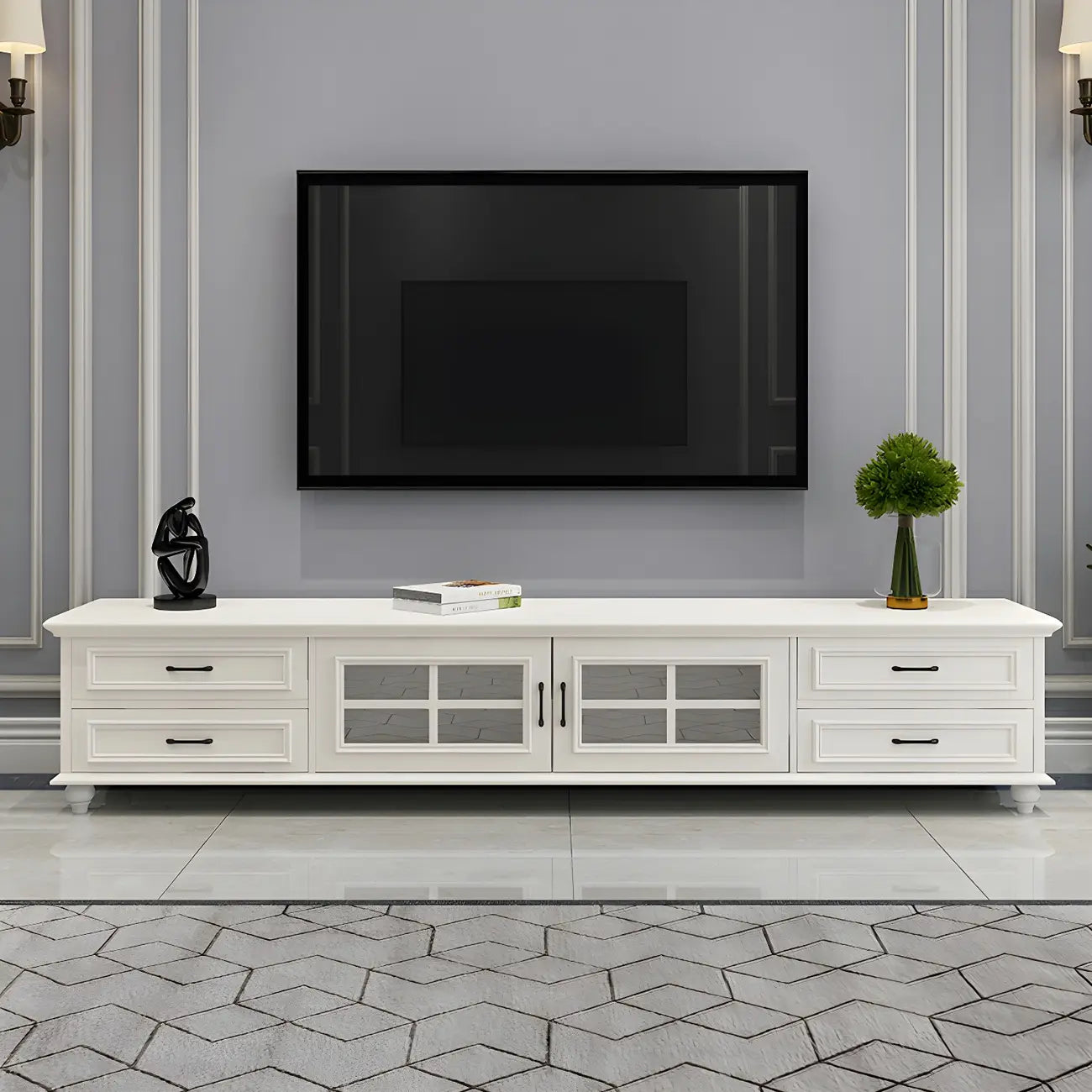 63 Adjustable White Wood TV Stand with Cable Management