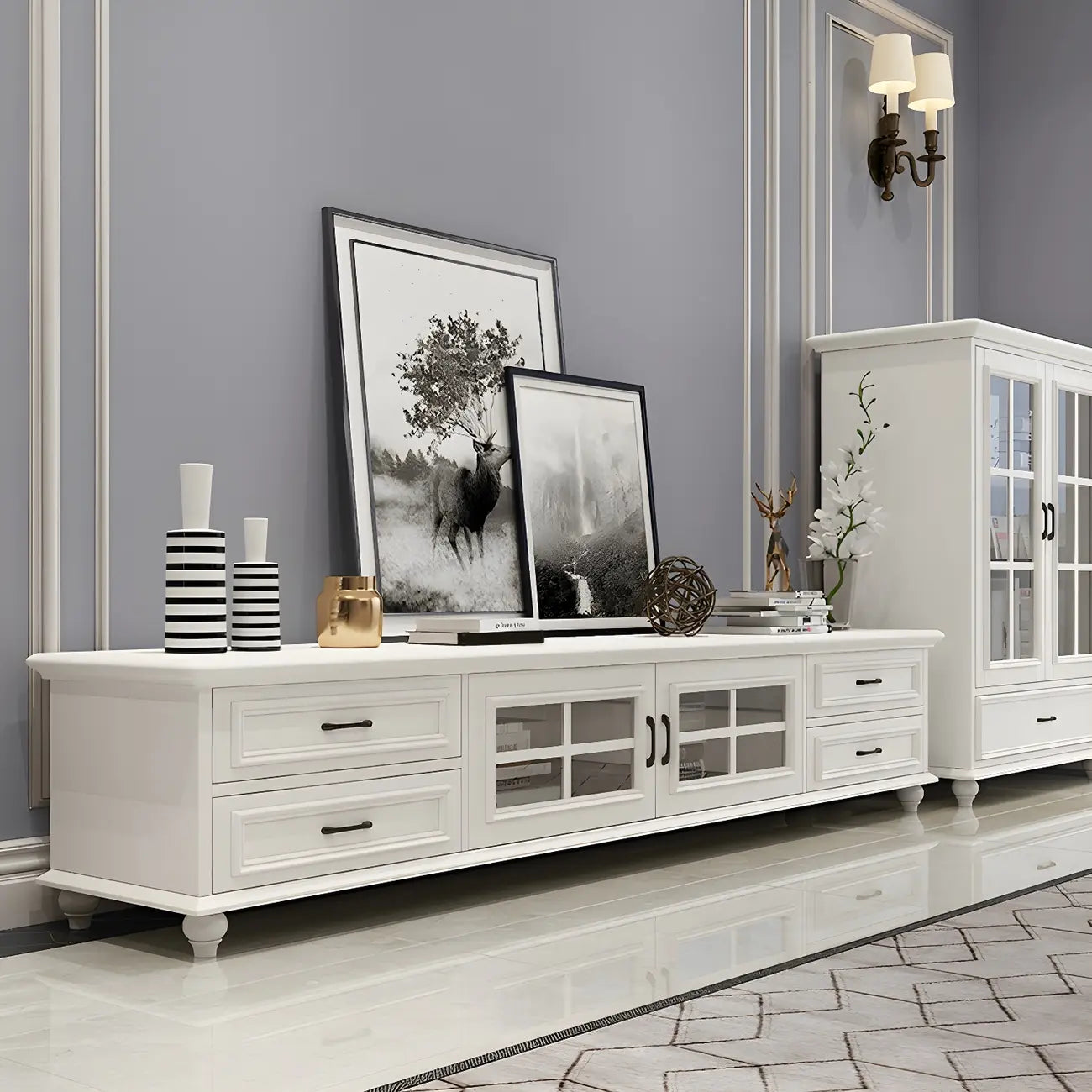 63 Adjustable White Wood TV Stand with Cable Management