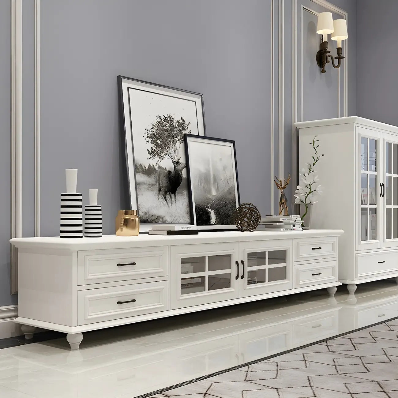 63 Adjustable White Wood TV Stand with Cable Management