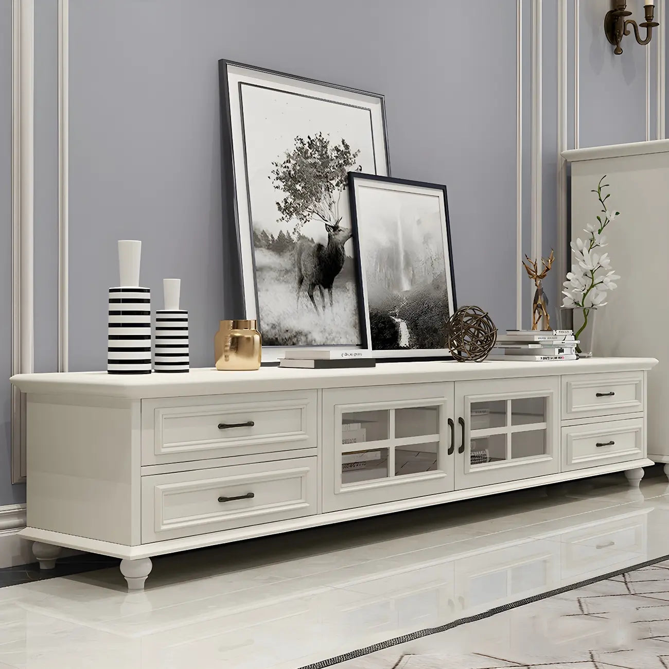 63 Adjustable White Wood TV Stand with Cable Management