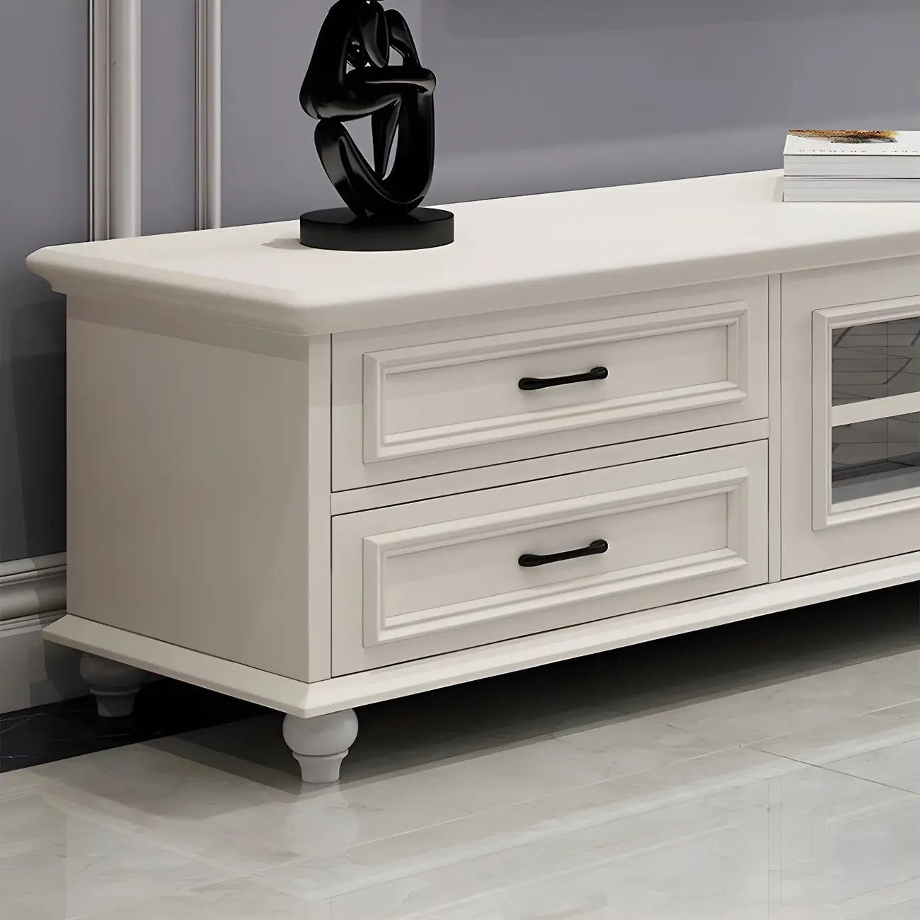 63 Adjustable White Wood TV Stand with Cable Management