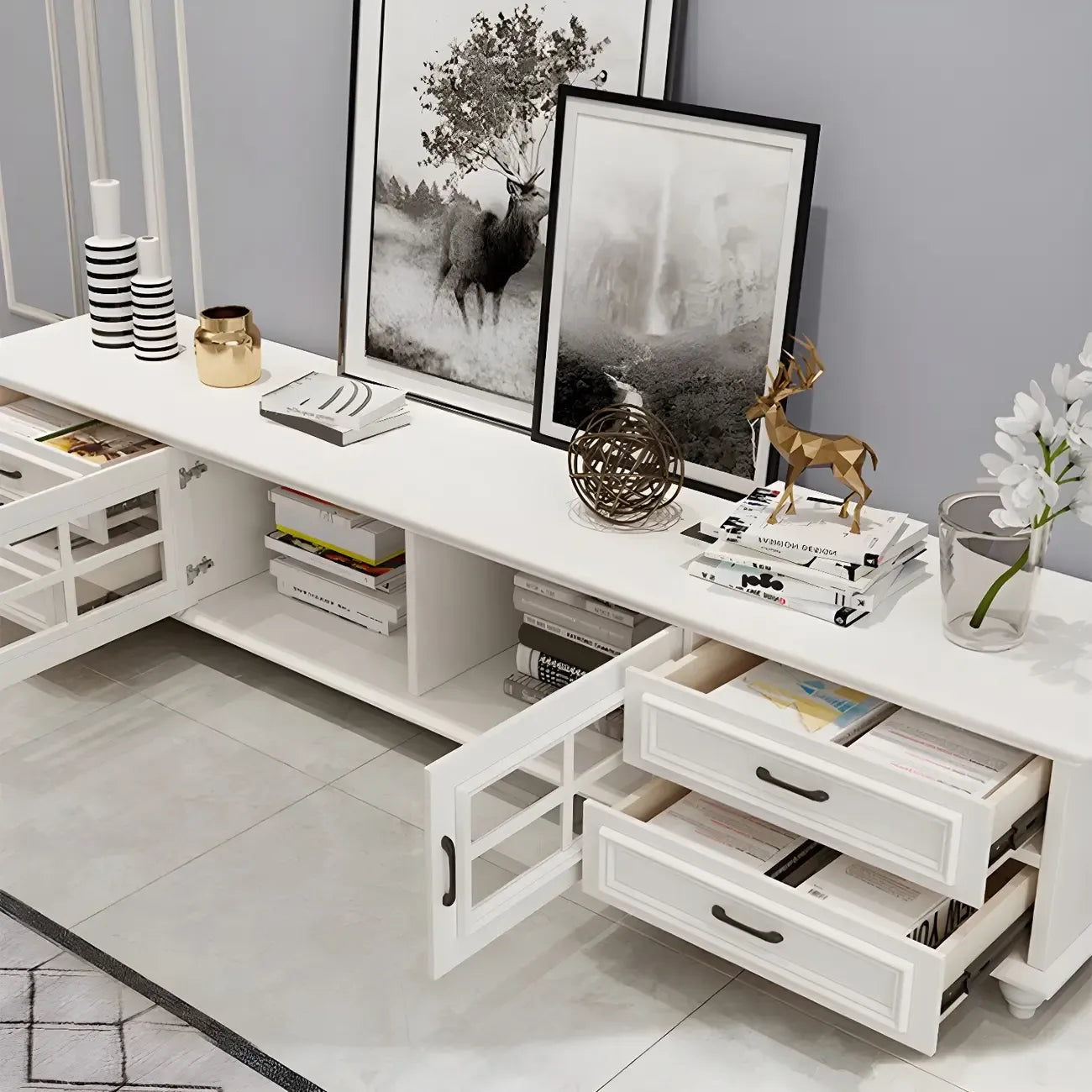 63 Adjustable White Wood TV Stand with Cable Management