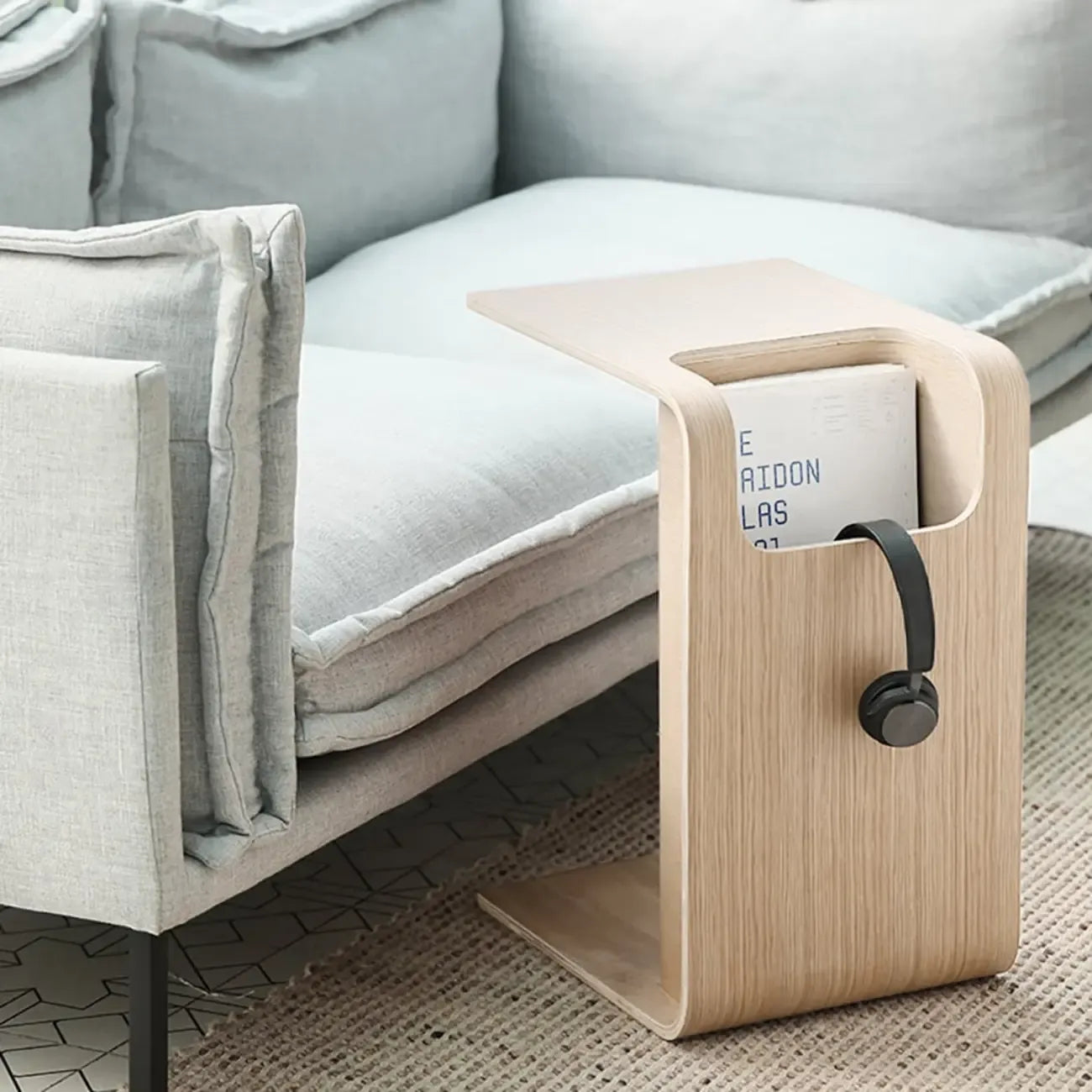 Convertible C-Shaped Walnut Wood Side Table with Storage