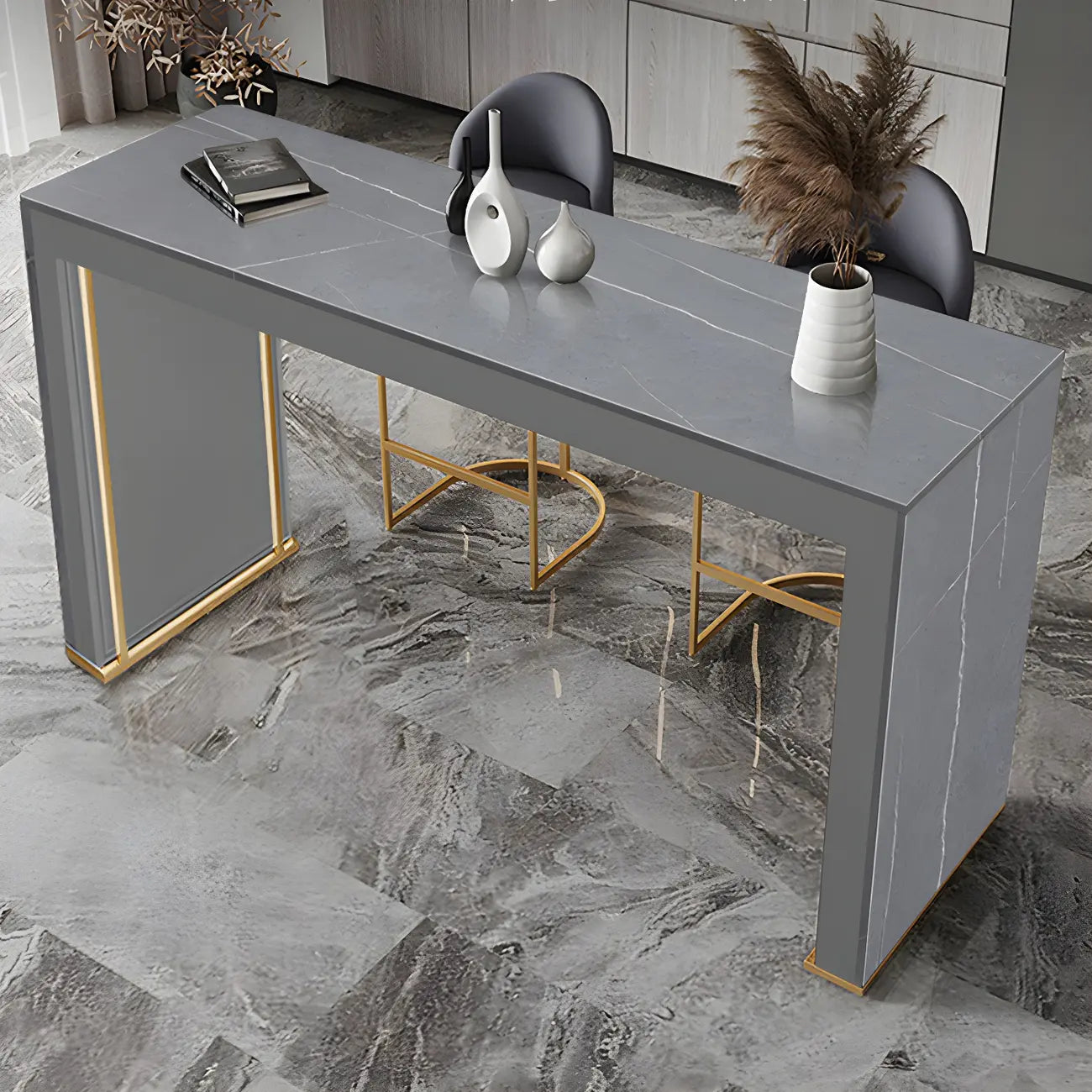 Modern White Stone Top Wood Dual-Pedestal Bar Tables