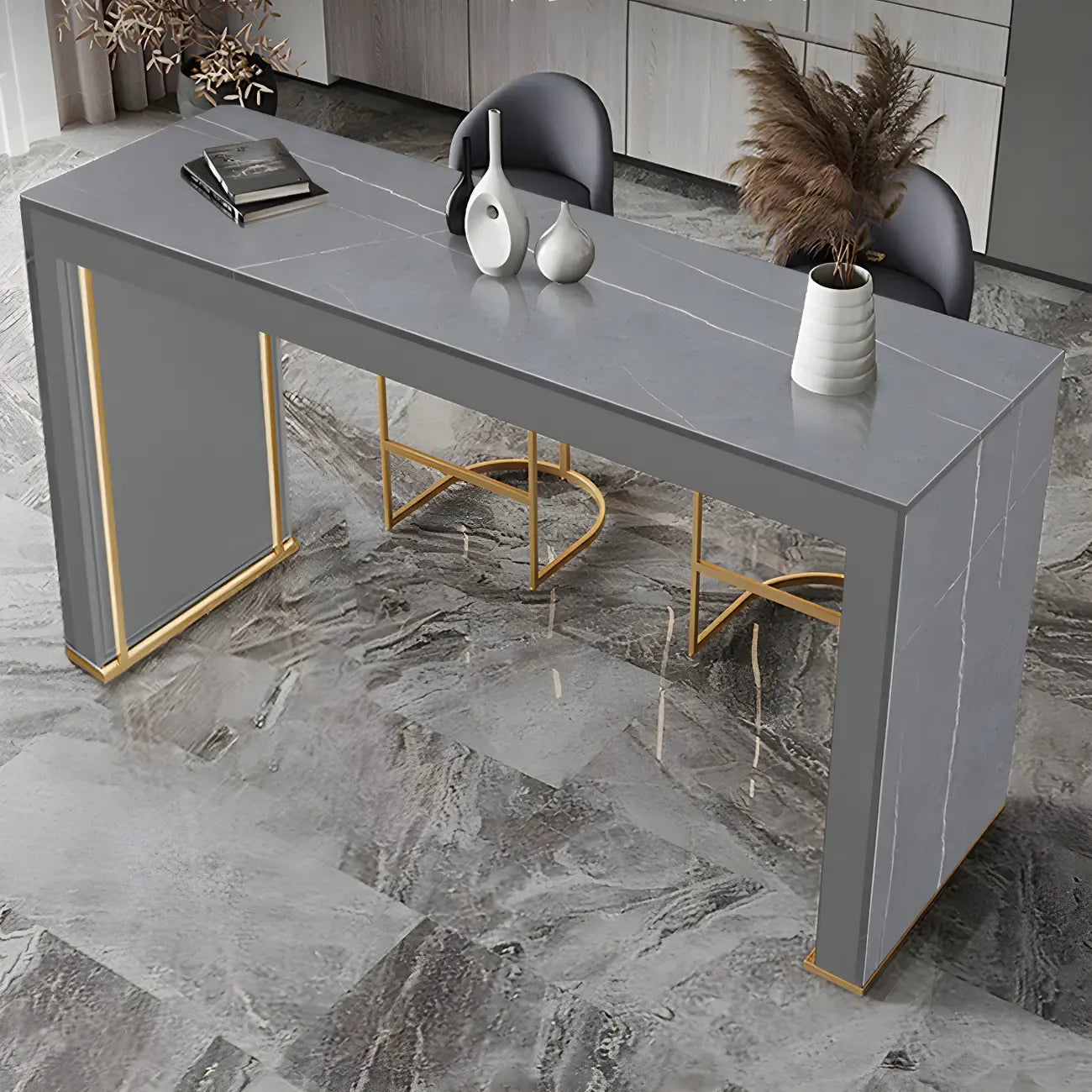 Modern White Stone Top Wood Dual-Pedestal Bar Tables