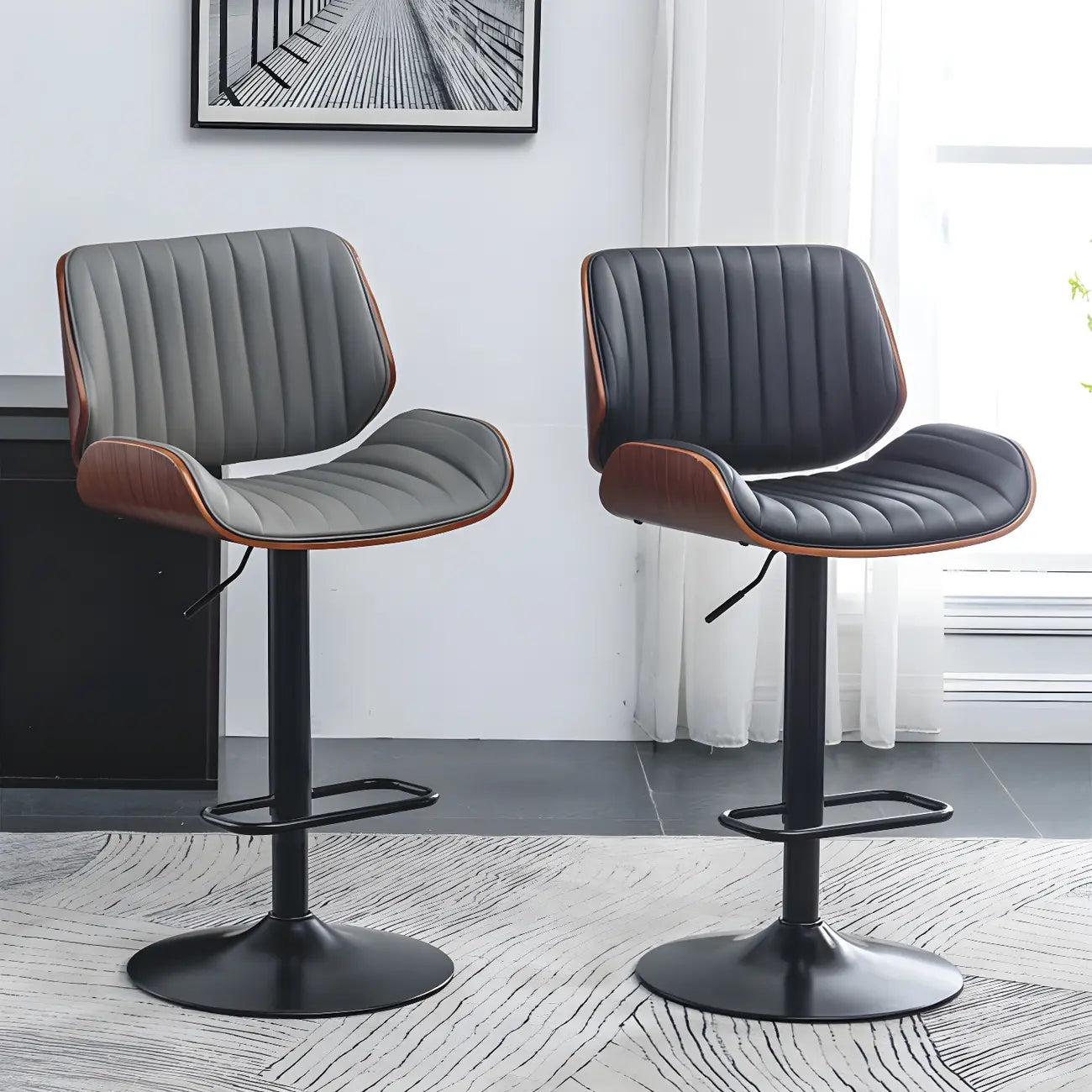 Elegant Wood Leather Red Swivel Adjustable Bar Stool