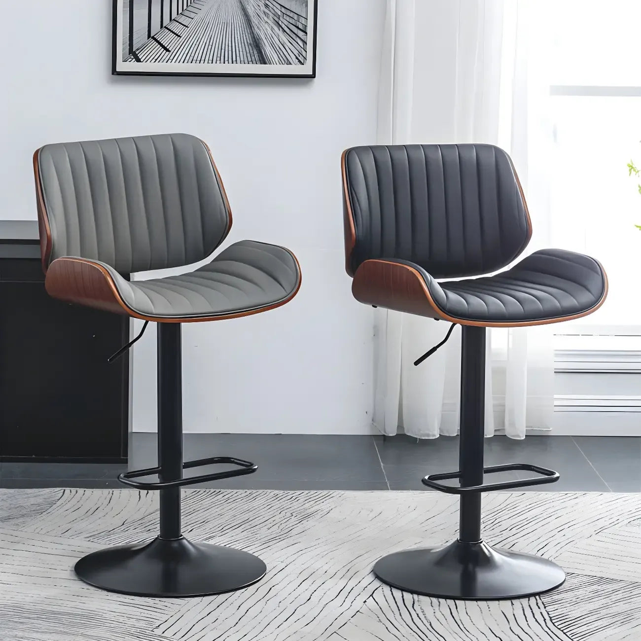 Elegant Wood Leather Red Swivel Adjustable Bar Stool