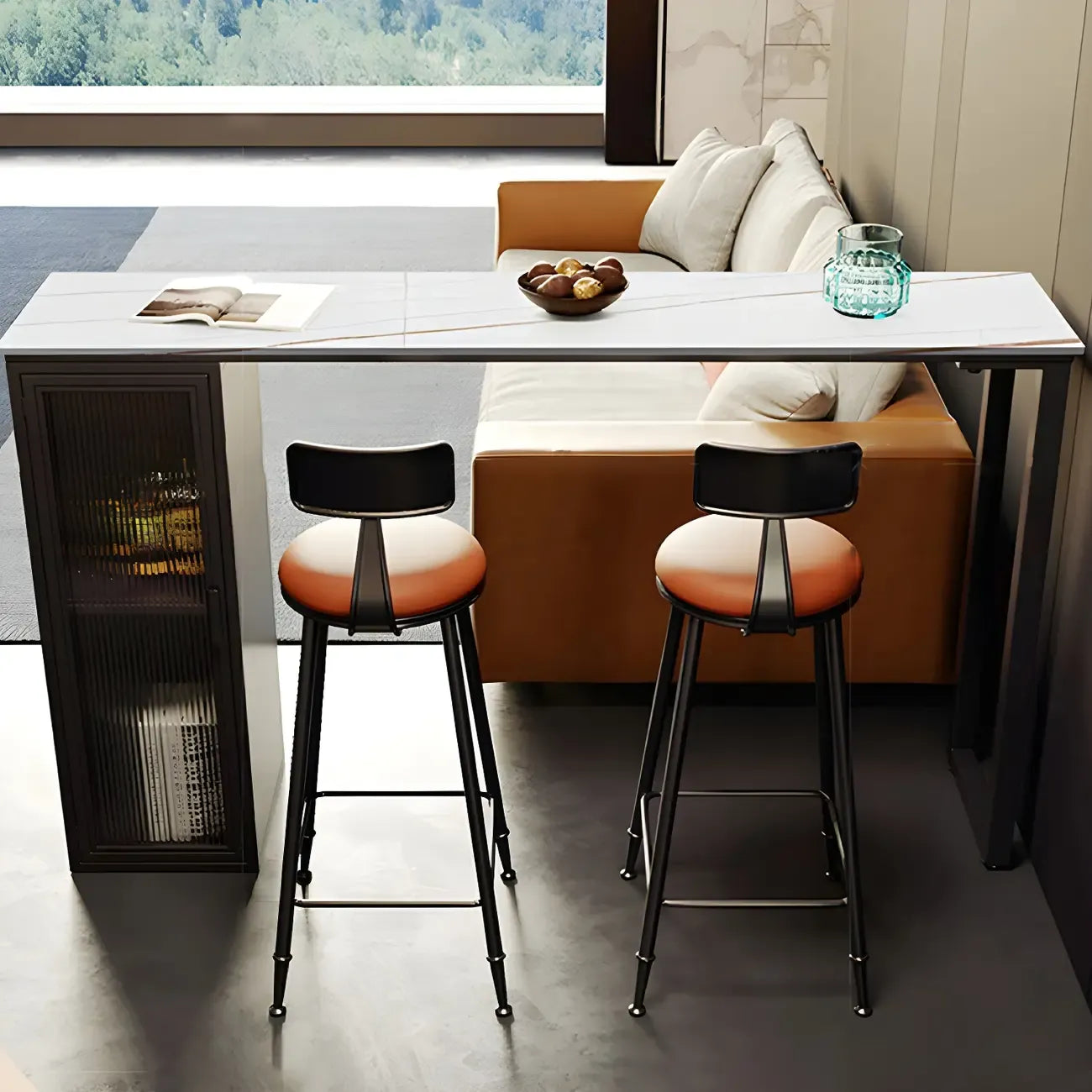 Modern Black Stone Steel Pedestal Storage Bar Tables