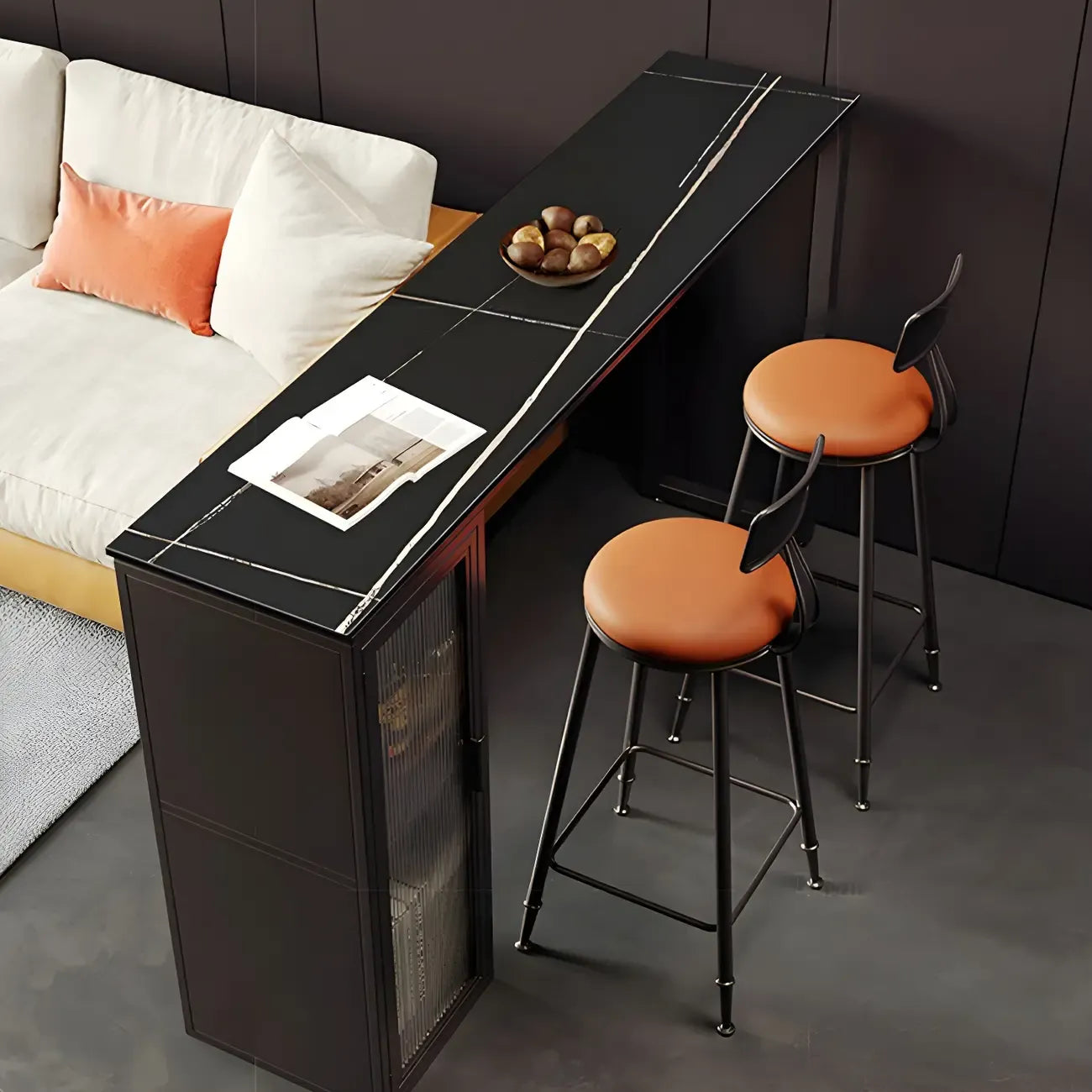 Modern Black Stone Steel Pedestal Storage Bar Tables