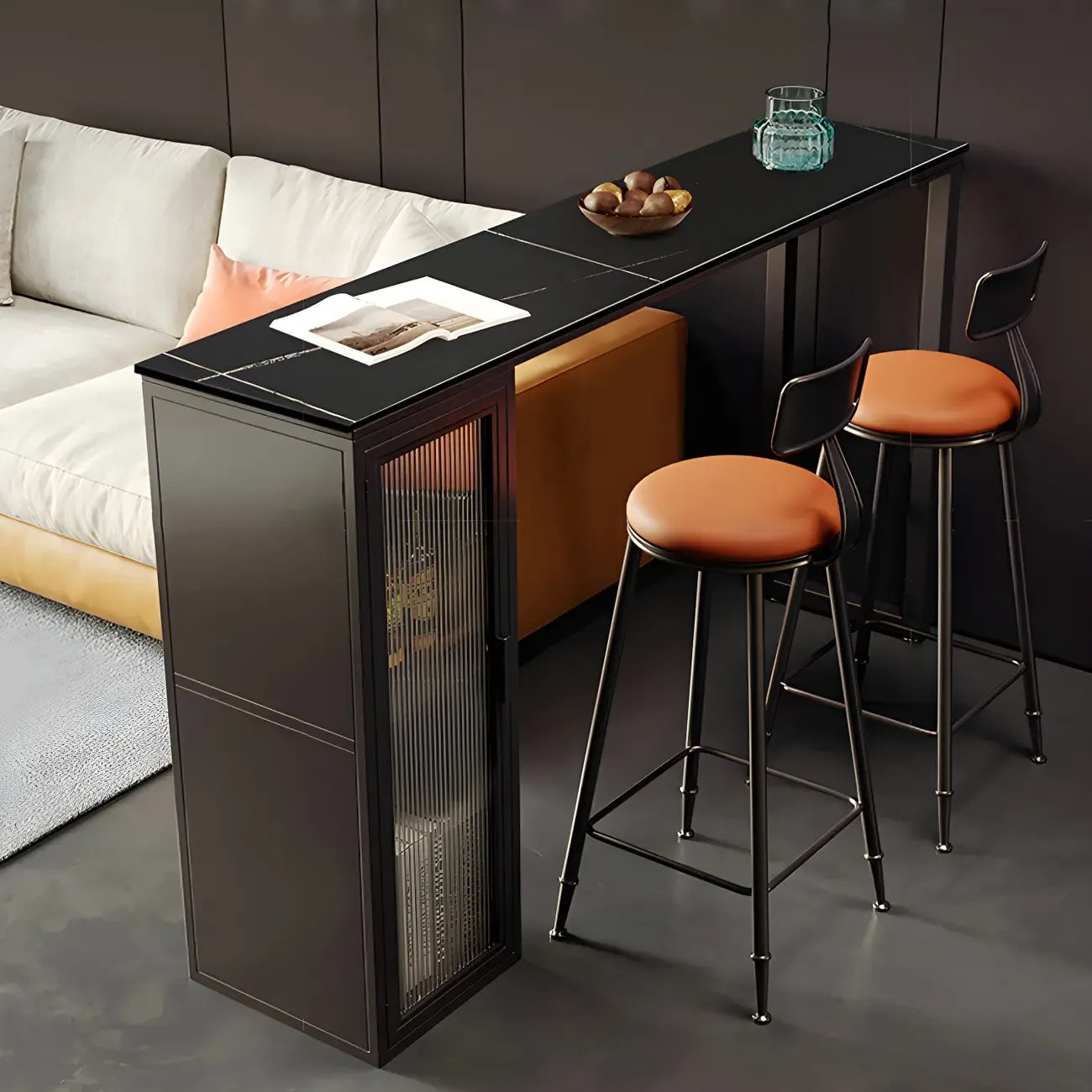 Modern Black Stone Steel Pedestal Storage Bar Tables