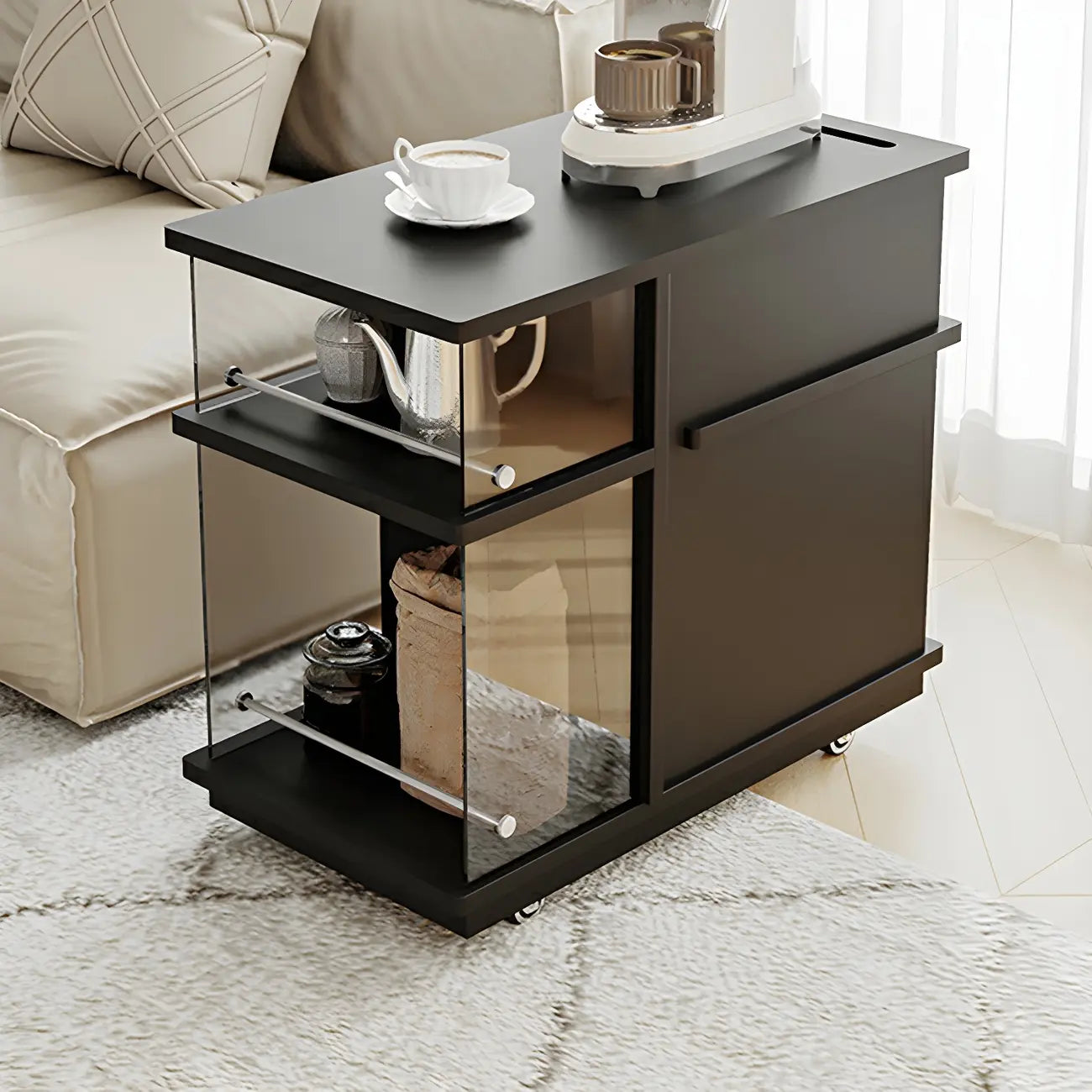 Functional Black Rectangular Wood Side Table with Storage