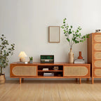 79 Natural Wood Open Storage TV Stand with Rattan Doors