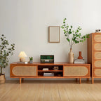 79 Natural Wood Open Storage TV Stand with Rattan Doors