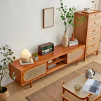79 Natural Wood Open Storage TV Stand with Rattan Doors
