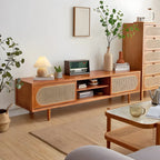 79 Natural Wood Open Storage TV Stand with Rattan Doors