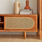 79 Natural Wood Open Storage TV Stand with Rattan Doors