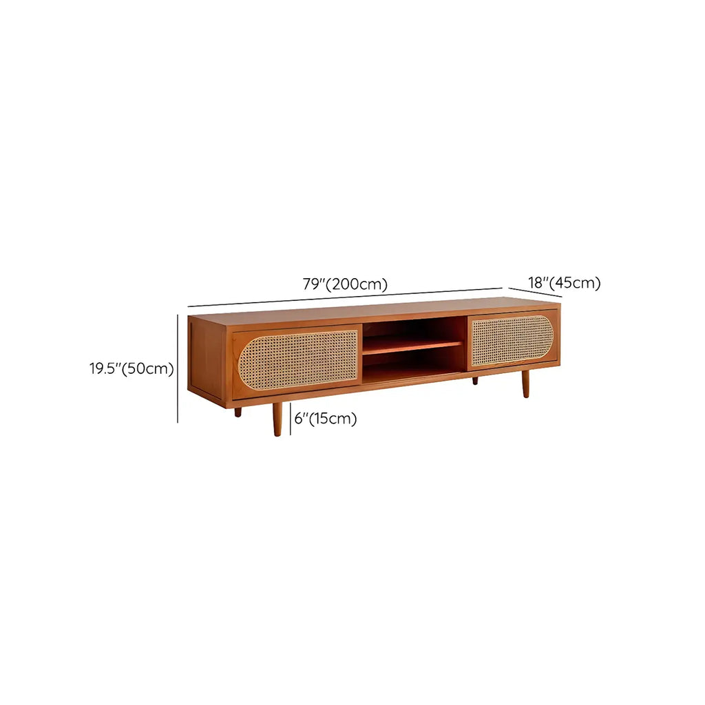 79 Natural Wood Open Storage TV Stand with Rattan Doors