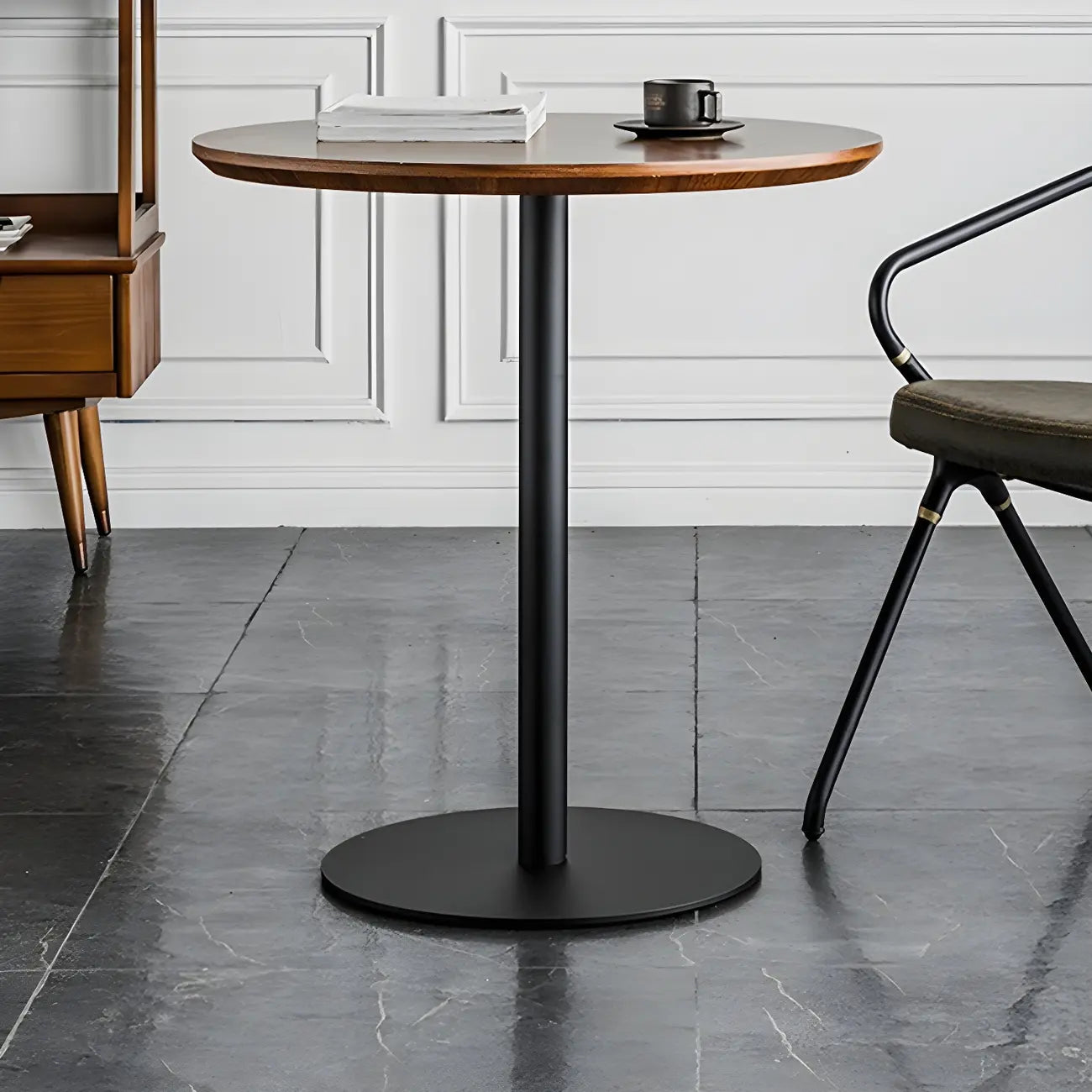 Modern Brown Wood Grain Black Metallic Pedestal Bar Tables