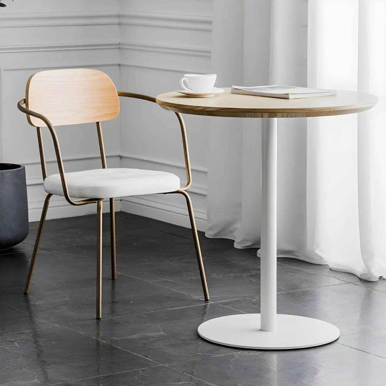 Modern Brown Wood Grain Black Metallic Pedestal Bar Tables