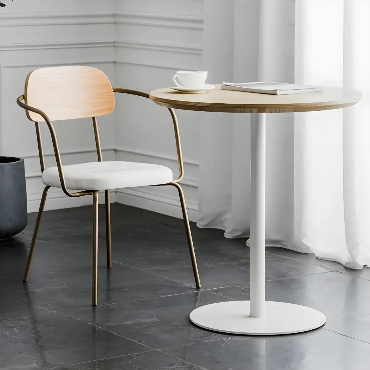 Modern Brown Wood Grain Black Metallic Pedestal Bar Tables