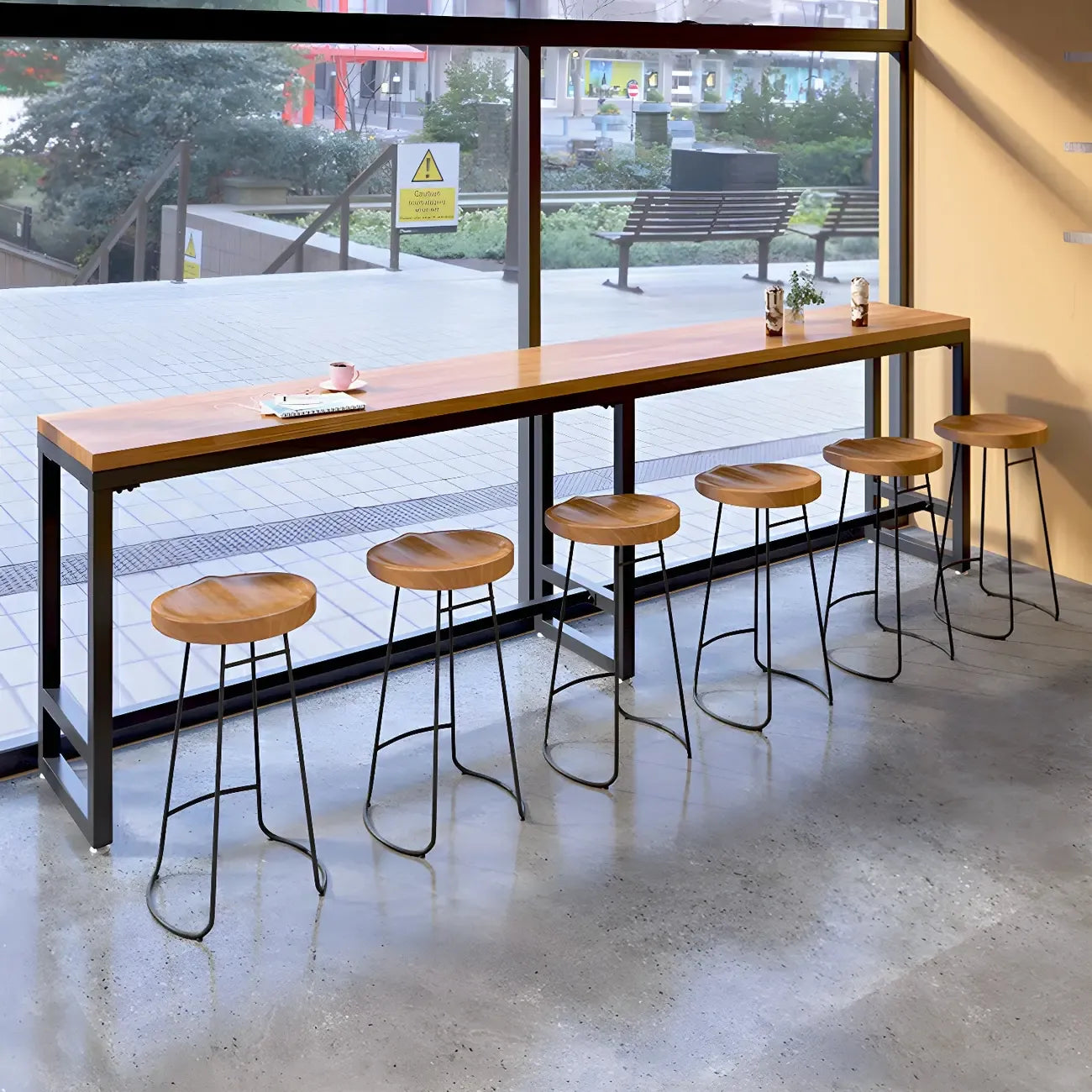 Modern Brown Wooden Iron Trestle Base Bar Table