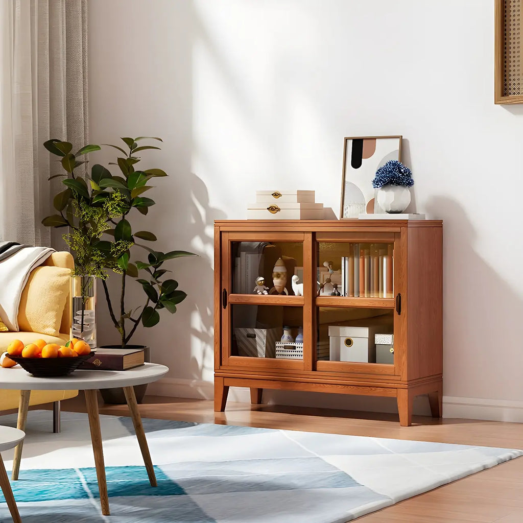 Adjustable Wood Glass Display Cabinet with Sliding Doors