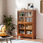 Adjustable Wood Glass Display Cabinet with Sliding Doors