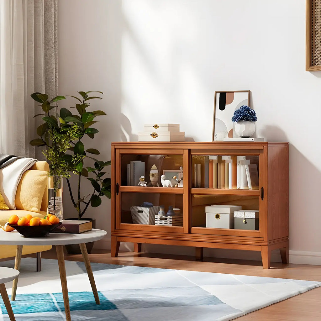 Adjustable Wood Glass Display Cabinet with Sliding Doors