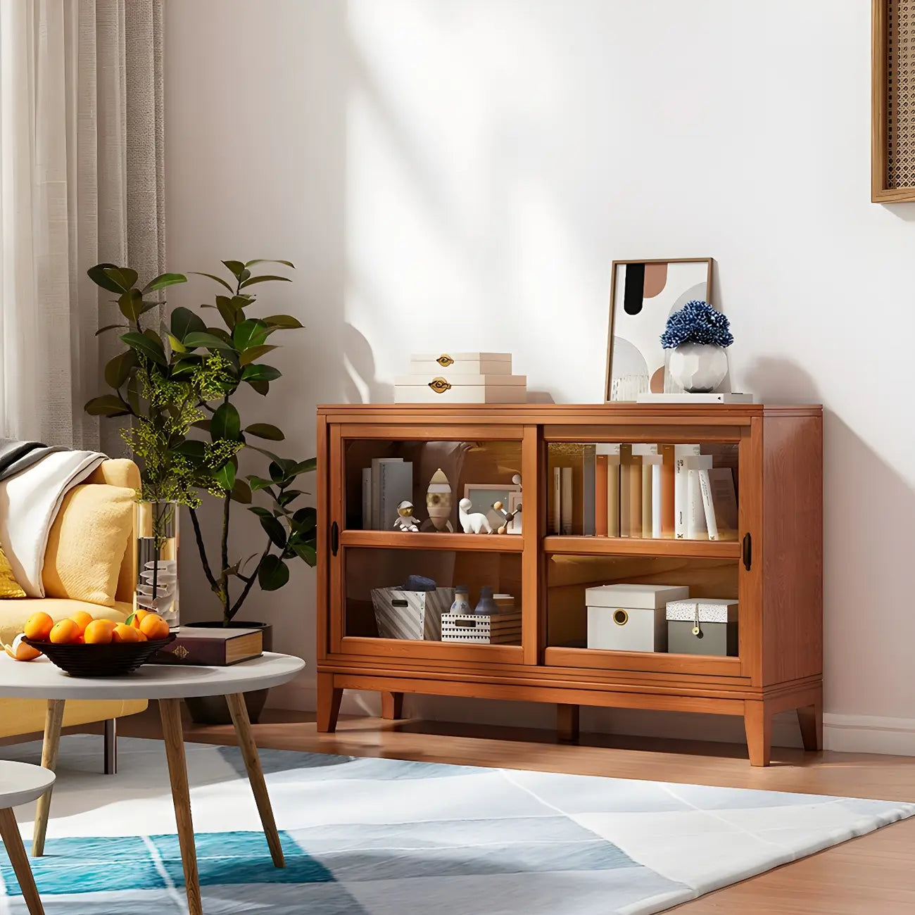 Adjustable Wood Glass Display Cabinet with Sliding Doors