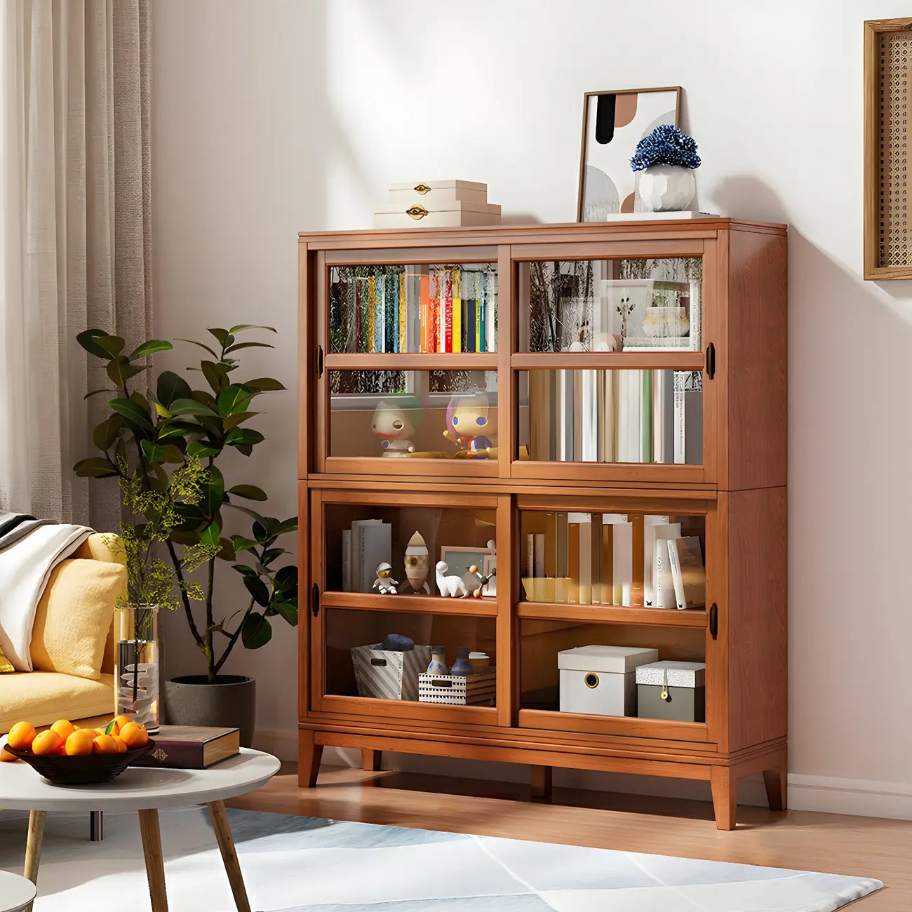 Adjustable Wood Glass Display Cabinet with Sliding Doors