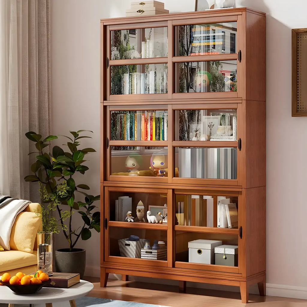 Adjustable Wood Glass Display Cabinet with Sliding Doors