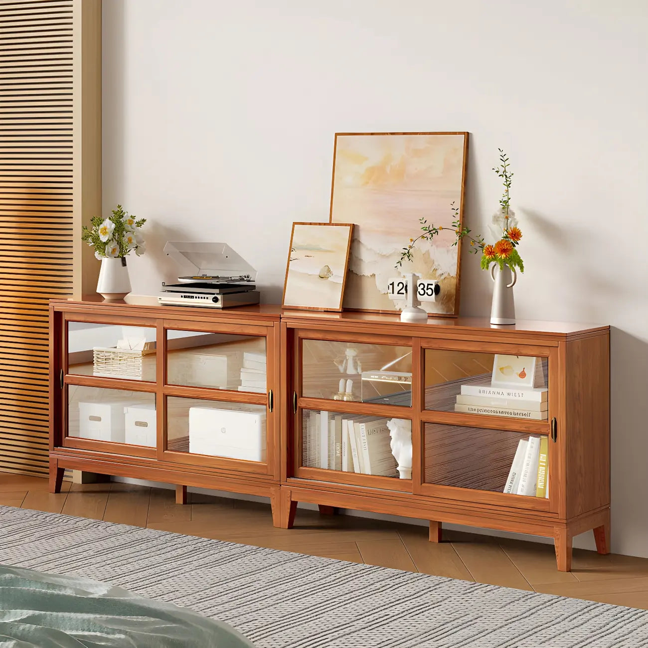Adjustable Wood Glass Display Cabinet with Sliding Doors