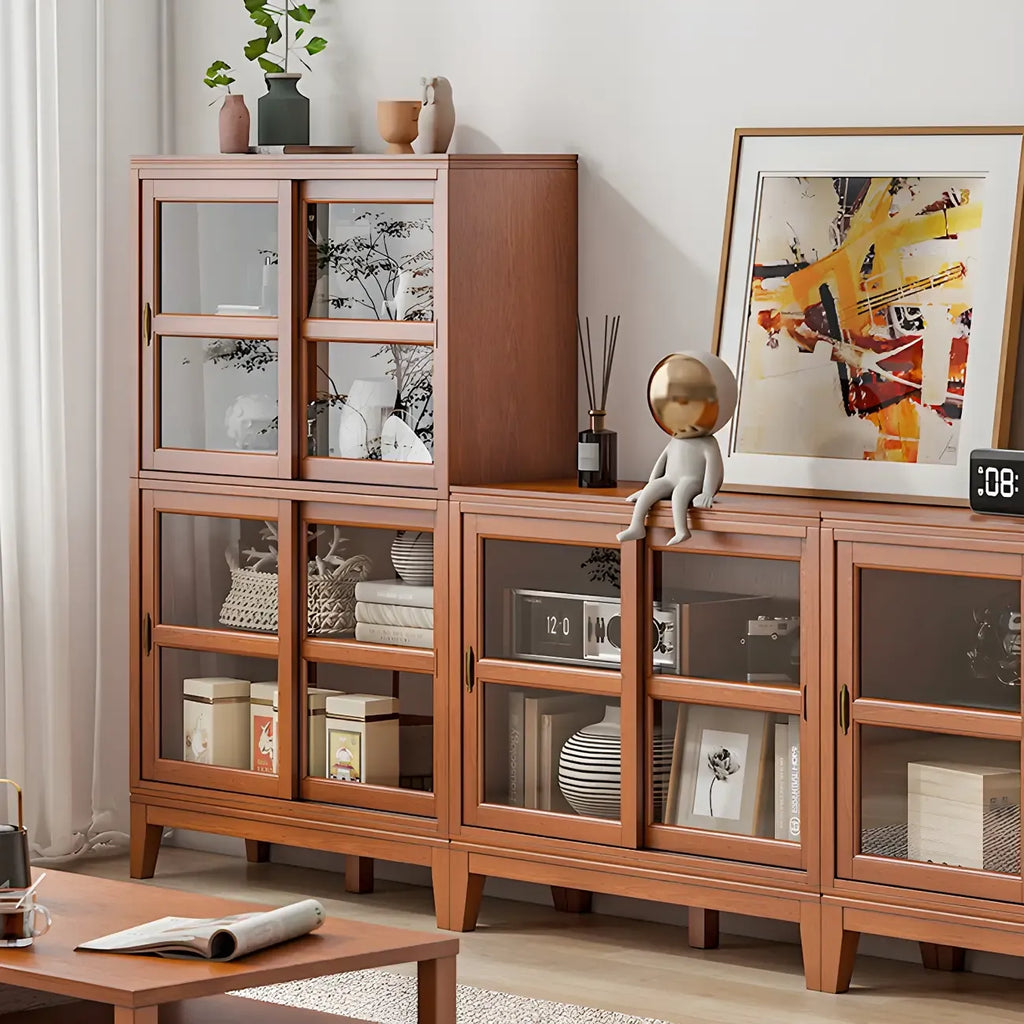 Adjustable Wood Glass Display Cabinet with Sliding Doors