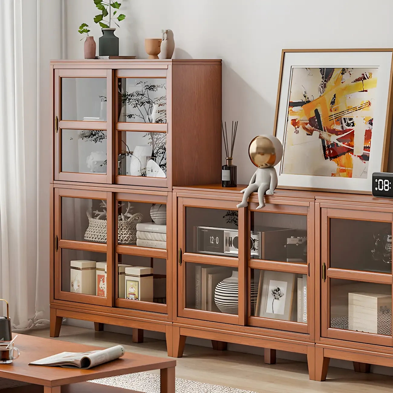 Adjustable Wood Glass Display Cabinet with Sliding Doors