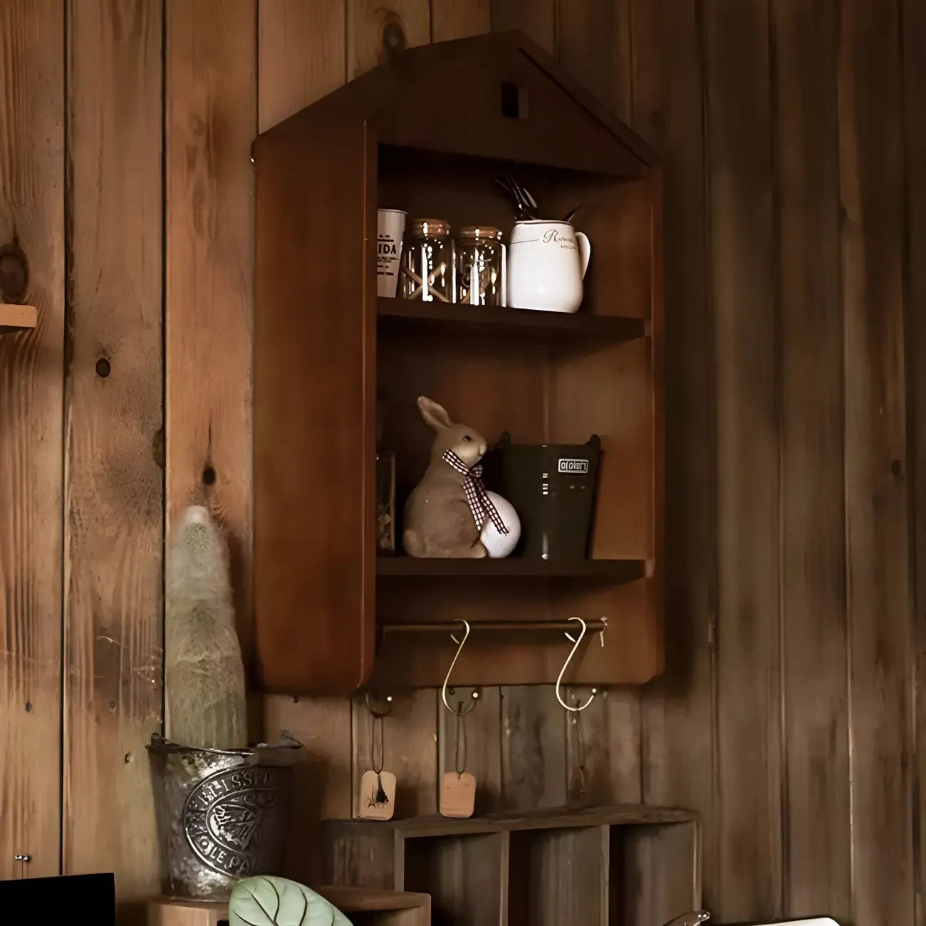 Classicial House-shaped 2 Shelves Floating Wood Display Cabinet