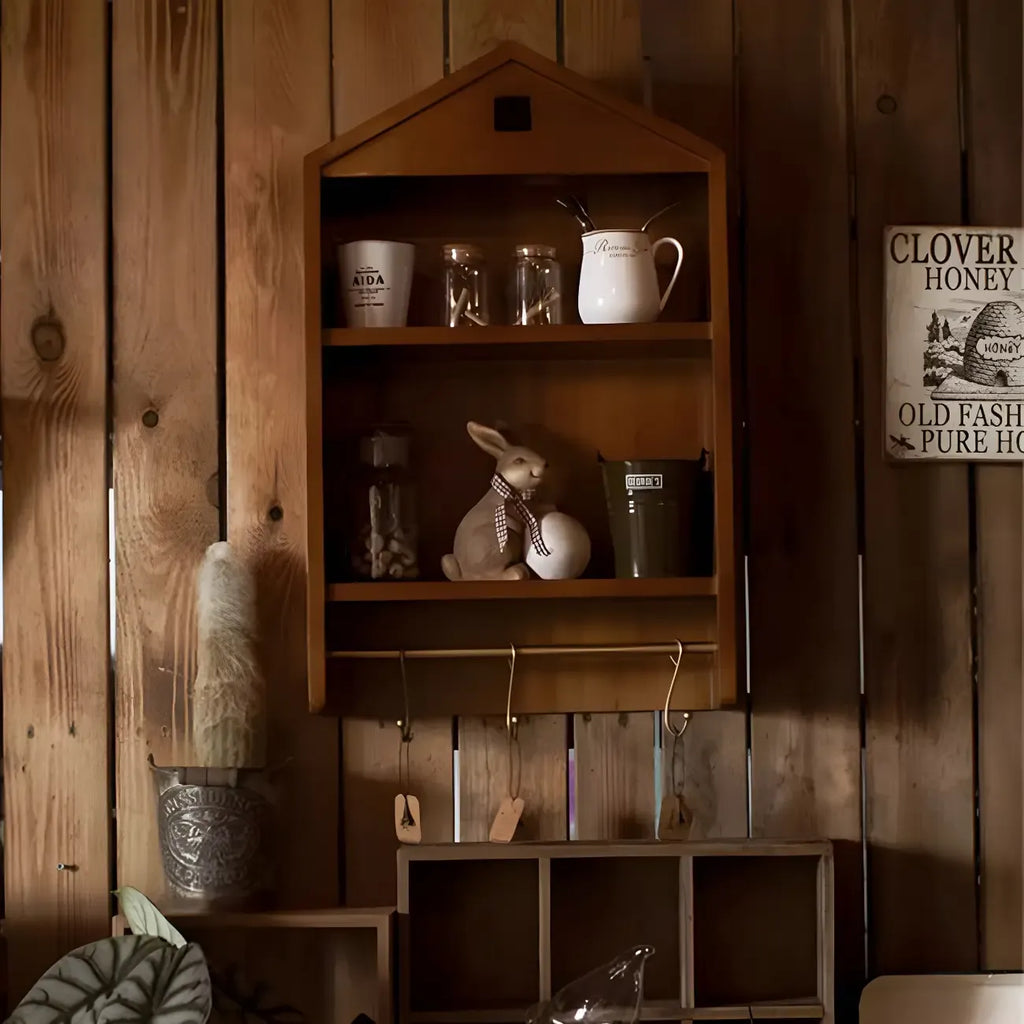 Classicial House-shaped 2 Shelves Floating Wood Display Cabinet