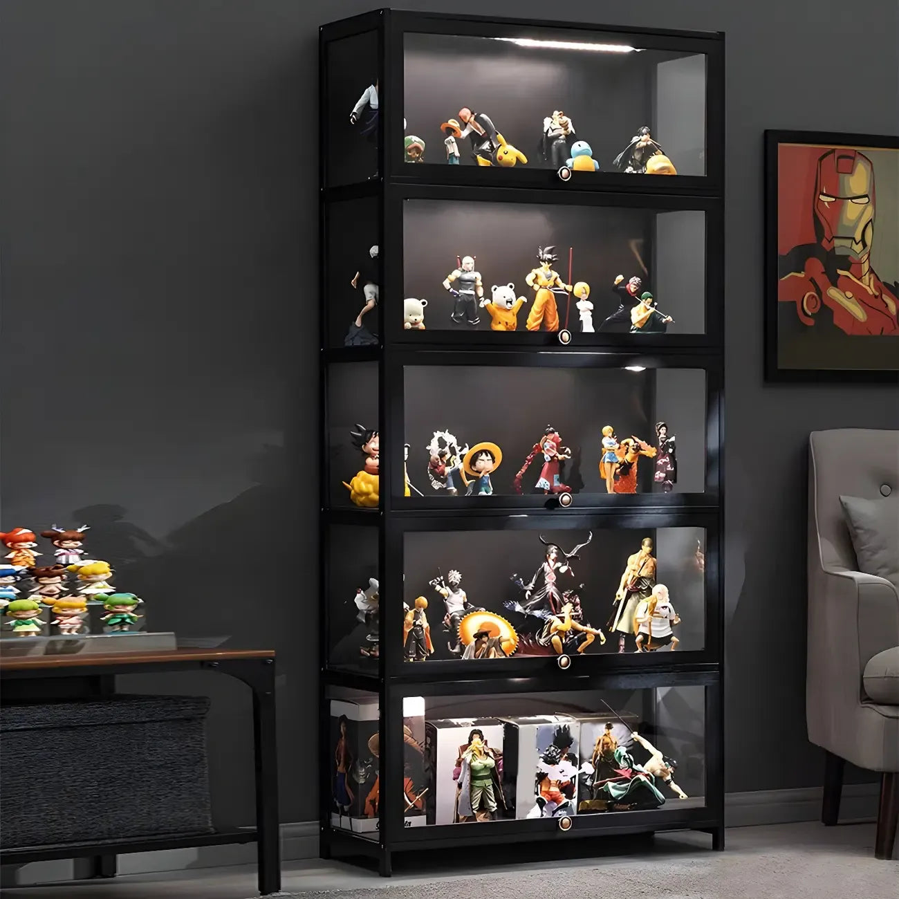 Elegant Black Bamboo Clear Figure Display Cabinet