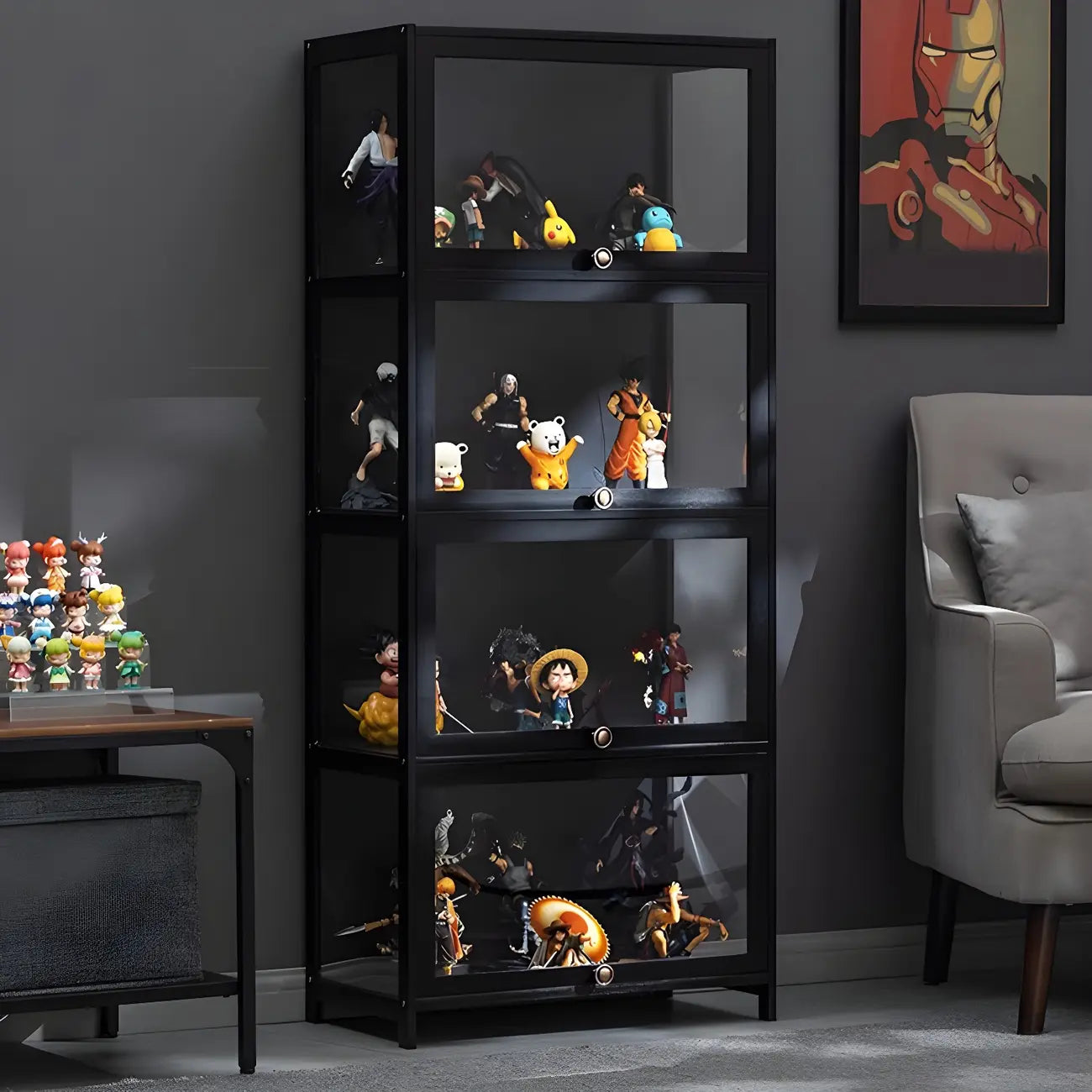 Elegant Black Bamboo Clear Figure Display Cabinet