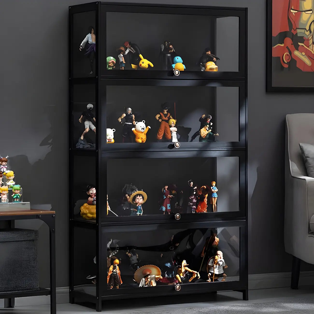 Elegant Black Bamboo Clear Figure Display Cabinet