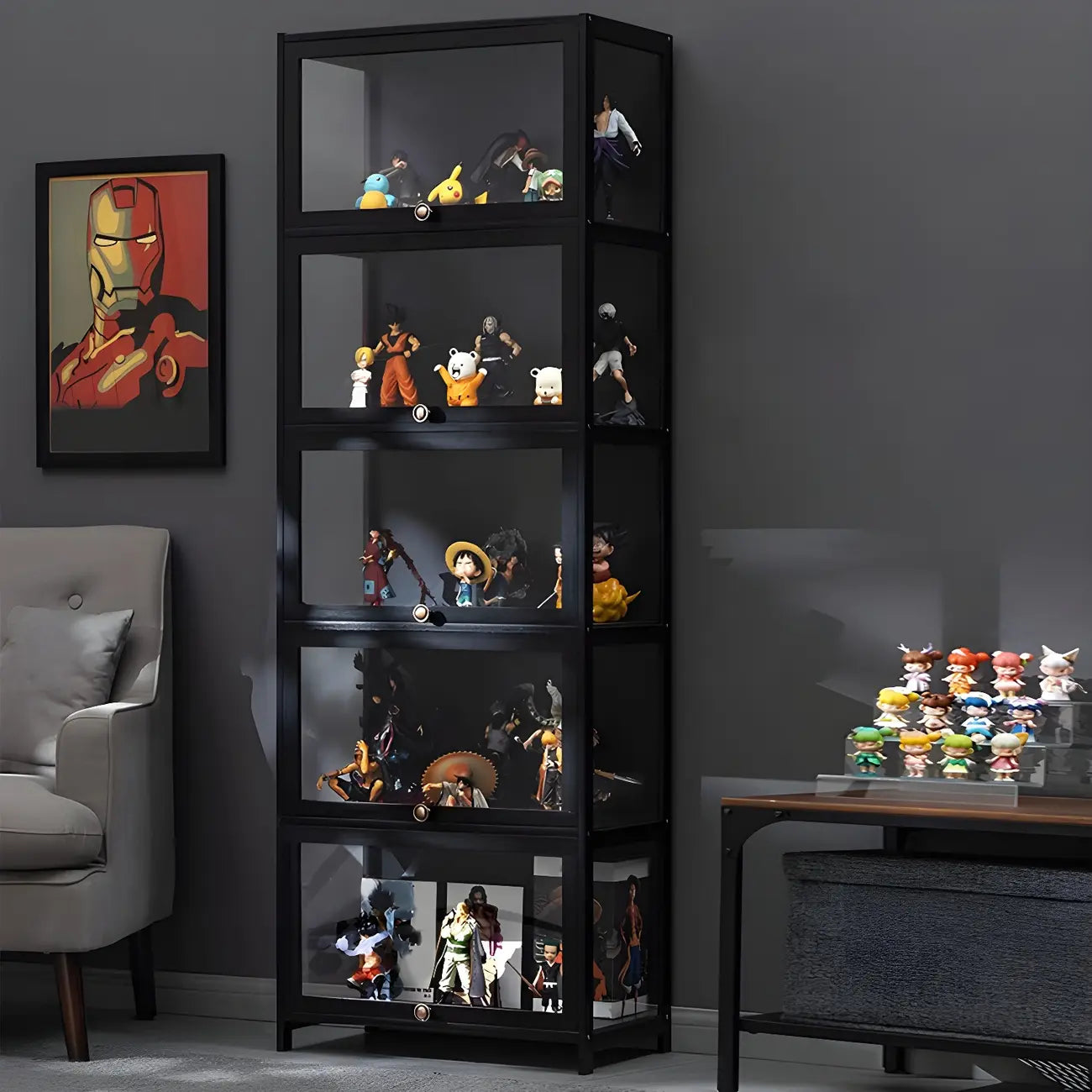 Elegant Black Bamboo Clear Figure Display Cabinet