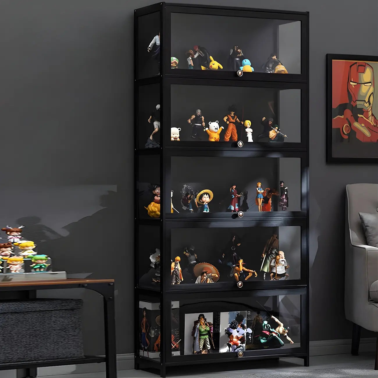 Elegant Black Bamboo Clear Figure Display Cabinet